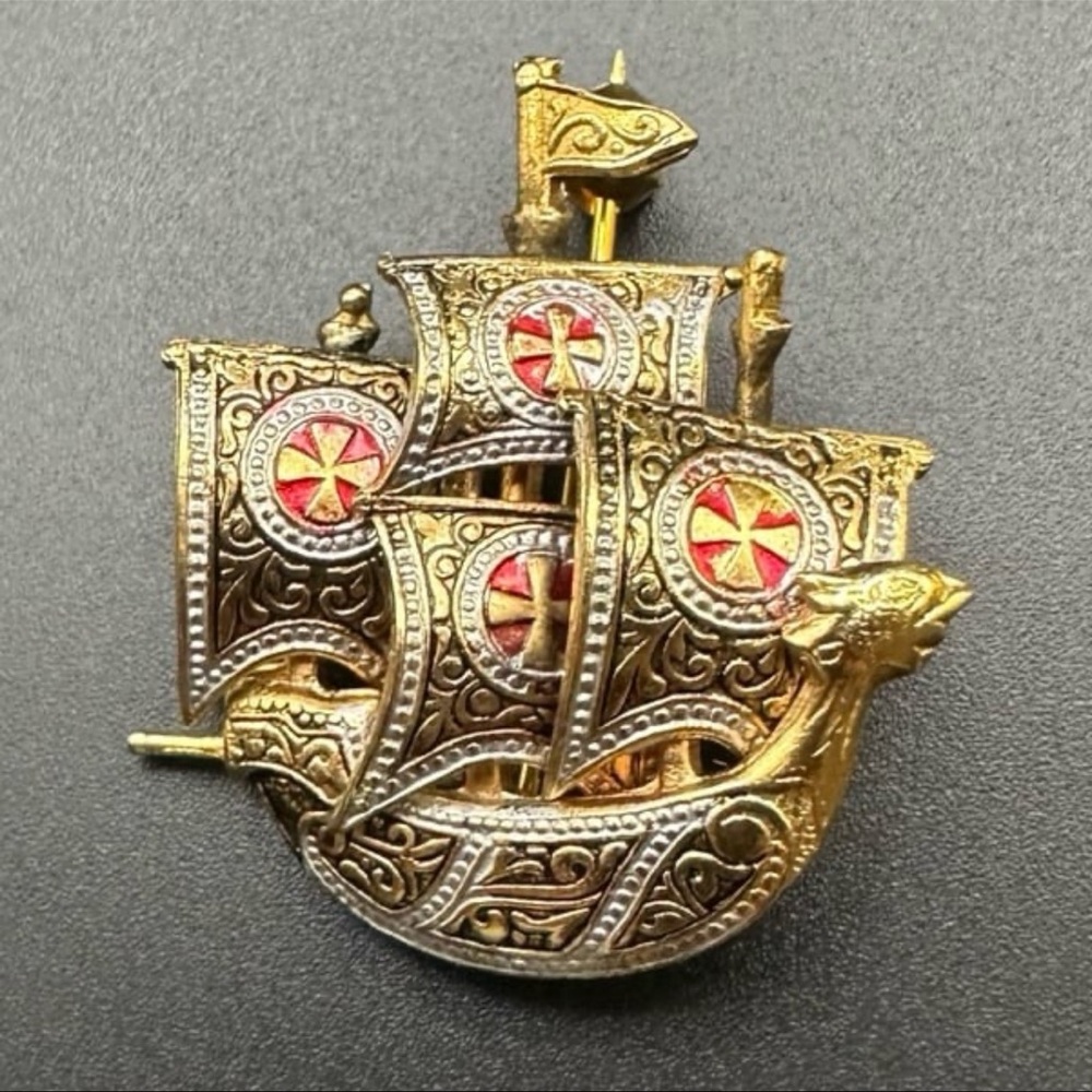 Vintage Damascene Spanish Galleon Ship Brooch